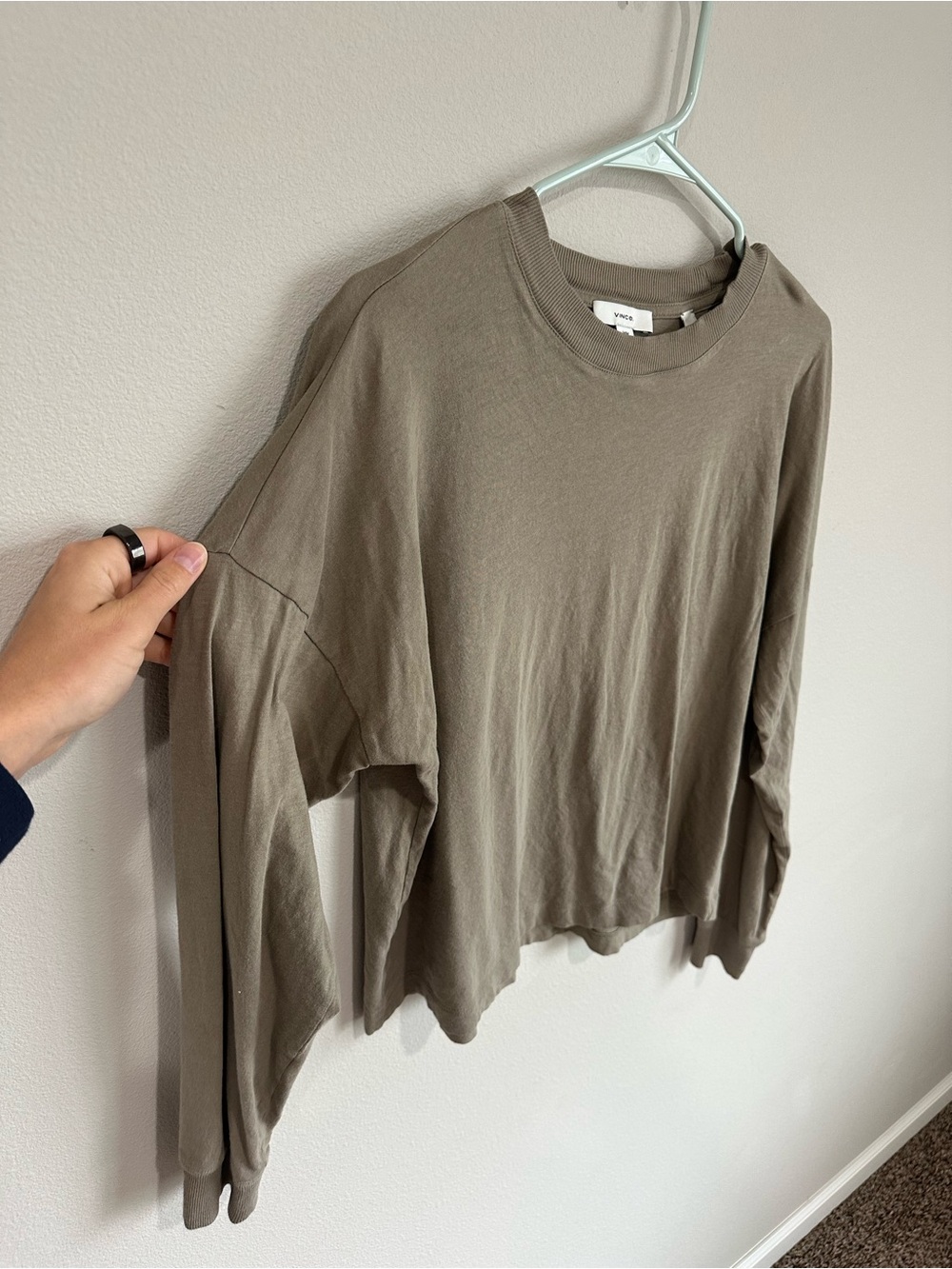 Vince 100% Cotton Long Sleeve Tee in Washed Olive